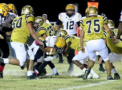 Image: Trevon Robertson(3) delivers a hit on a Cayuga running back. Robertson had 9 tackles (5 solos) in the game.