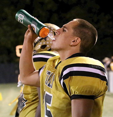 Image: Senior Cody Medrano(75) quenches his thirst for a win by helping the Gladiators defeat Cayuga 42-14.