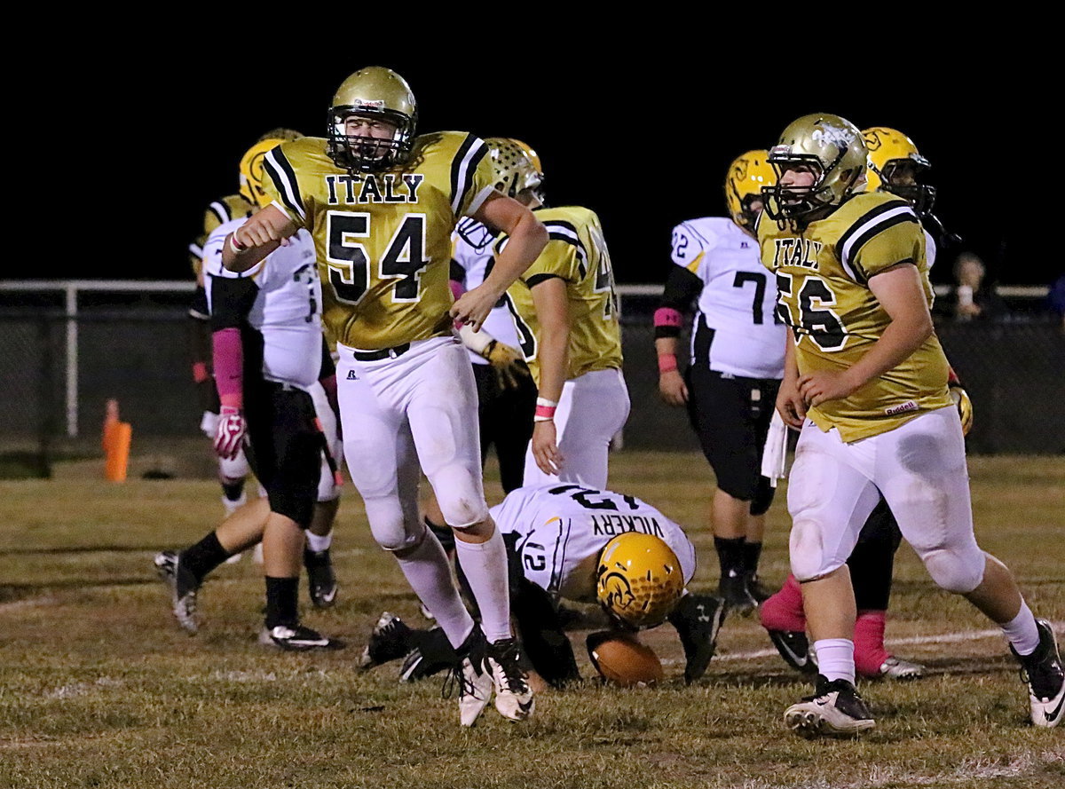 Image: Bailey Walton(54) celebrates his sack on Cayuga’s quarterback as John Byers(56) rushes over to congratulate his teammate.