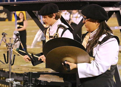 Image: Jacob Brooks and Lorena Rodriguez help the band entertain fans before the game.