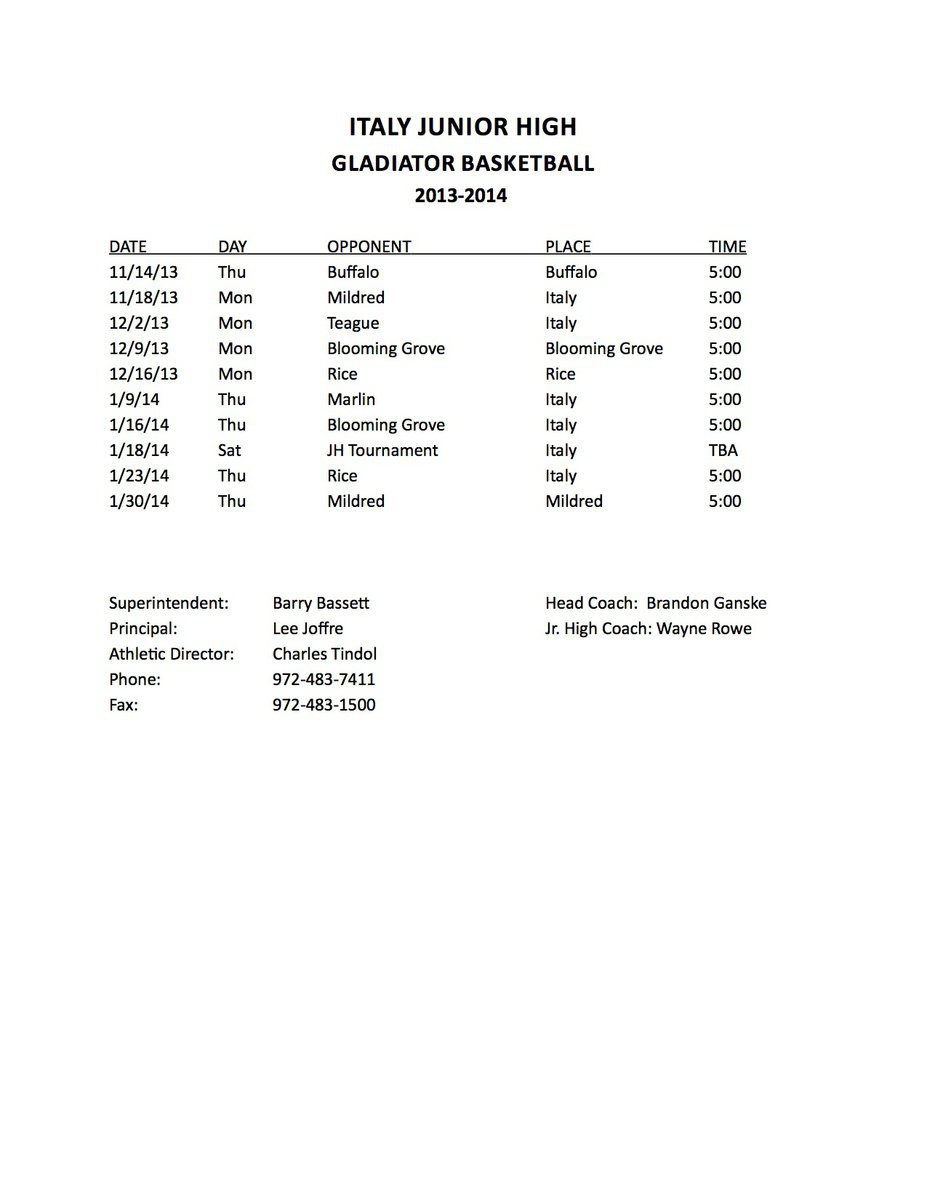 Image: 2013-2014 Italy Junior High Boys Basketball Schedule