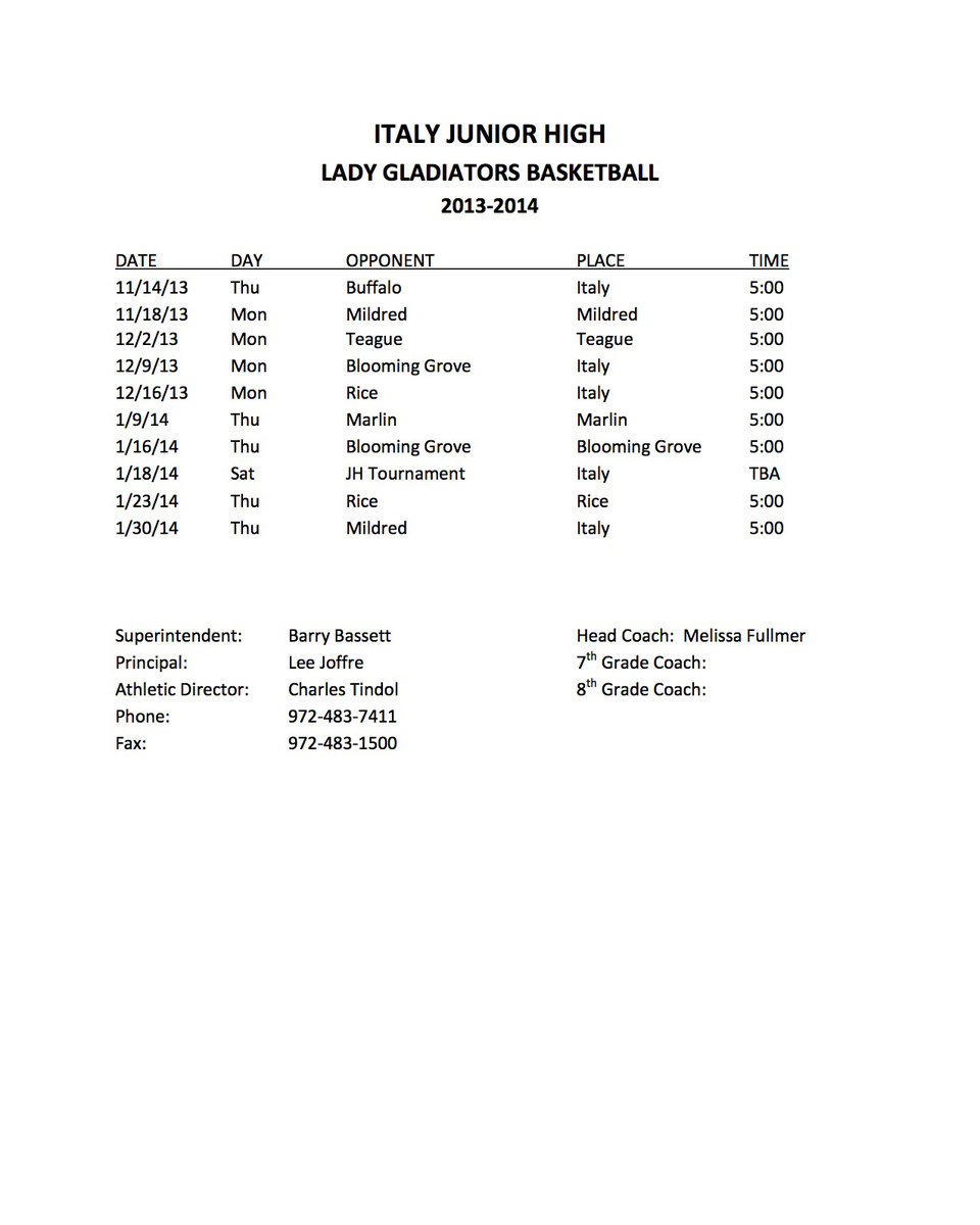 Image: 2013-2014 Italy Junior High Basketball Girls Schedule