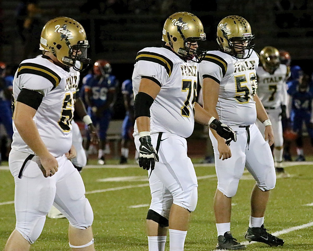 Image: After Gateway put up 24-points in the first-half to lead by seventeen at halftime, linemen Tyler Vencill(65), Colin Newman(76) and Zain Byers(56) were part of an Italy defensive effort that shut-out the Gators in the second-half. The Gladiator offense eventually scored the 3 touchdowns they needed for the comeback win, 28-24.