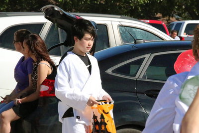 Image: Cade Tindol looks like he is ready to karate chop some candy open during the Trunk-or-Treat event at Stafford Elementary.