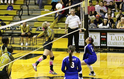 Image: Volleyball captain Madison Washington(10) stretches for the ball to keep the play going.