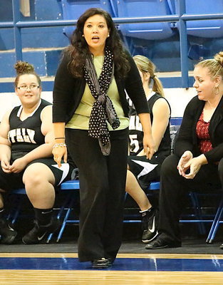 Image: JV Lady Gladiator head coach Tina Garza shouts instructions to her players.