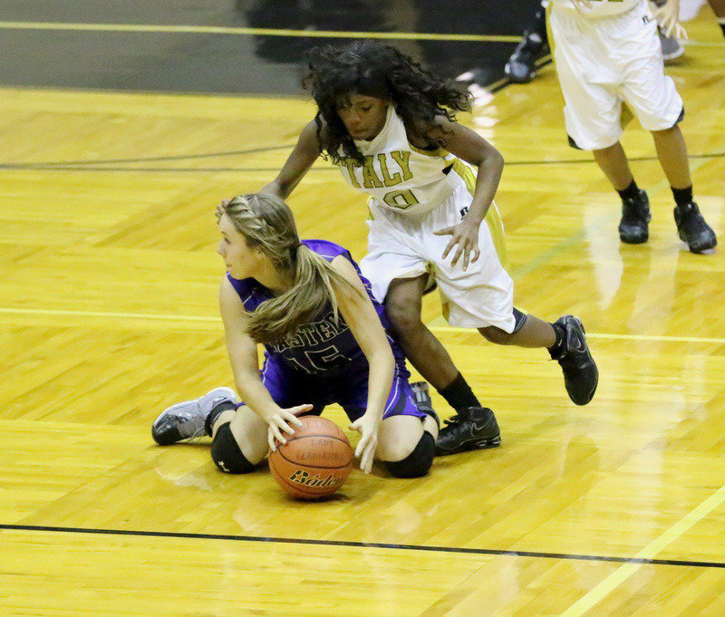 Image: Kendra Copeland(10) forces a Peaster turnover.