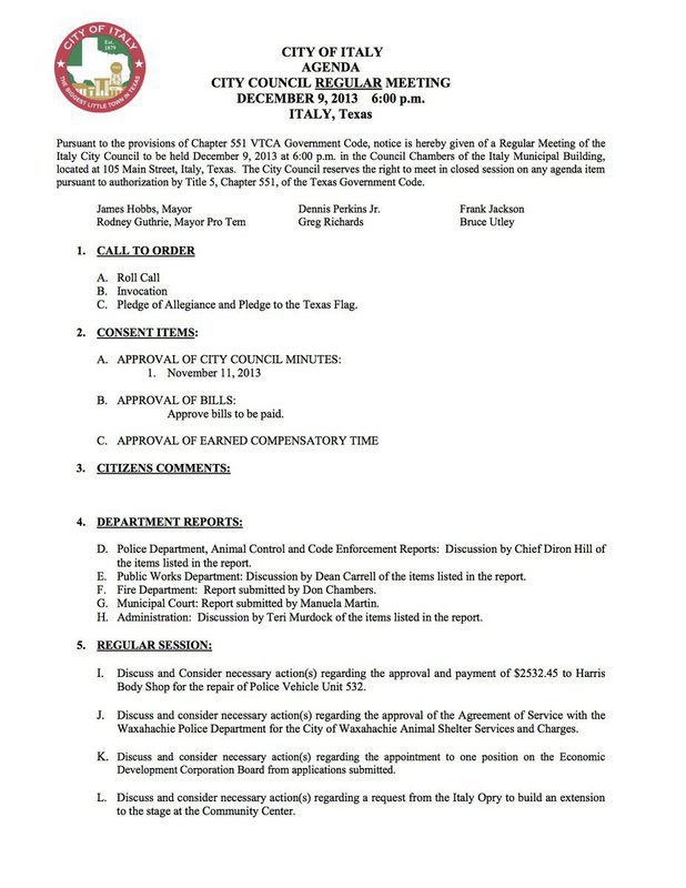 Image: December 9, 2013 City Council meeting agenda – page 1
