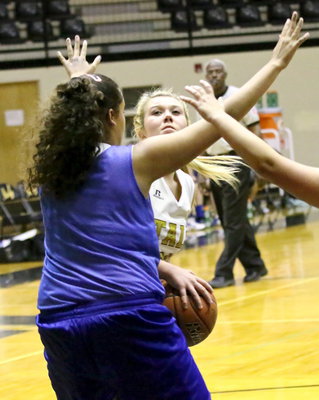 Image: Sydney Weeks(33) spots the rim and rises for a shot over a Blooming Grove defender.