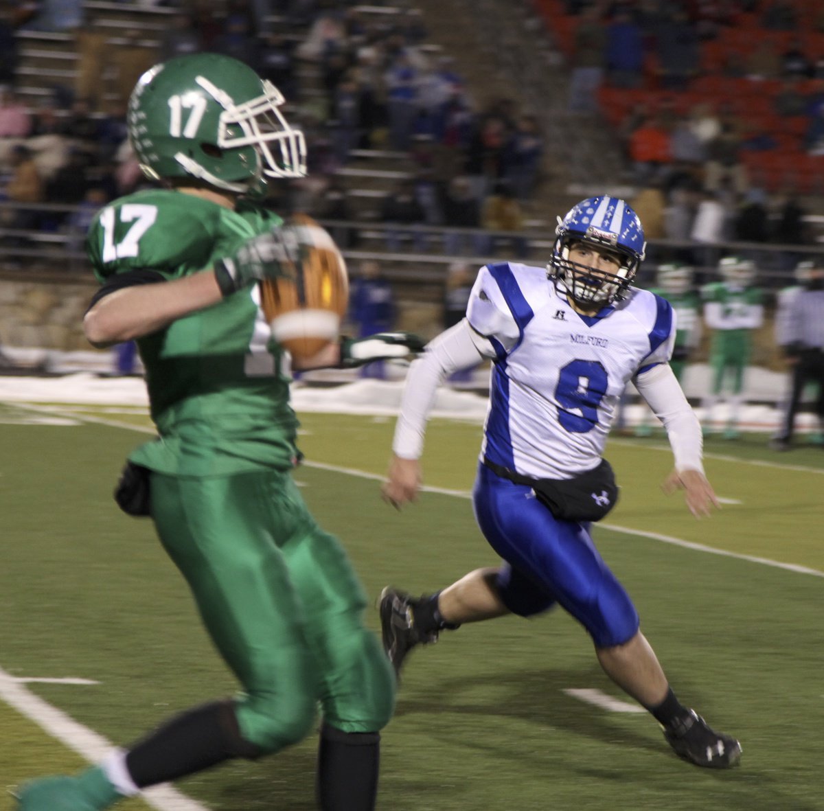 Image: Tyler Fedrick gets ready to sack the Bobcat quarterback