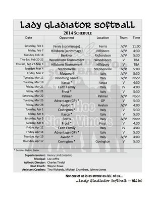 Image: 2014 Lady Gladiator Softball Schedule