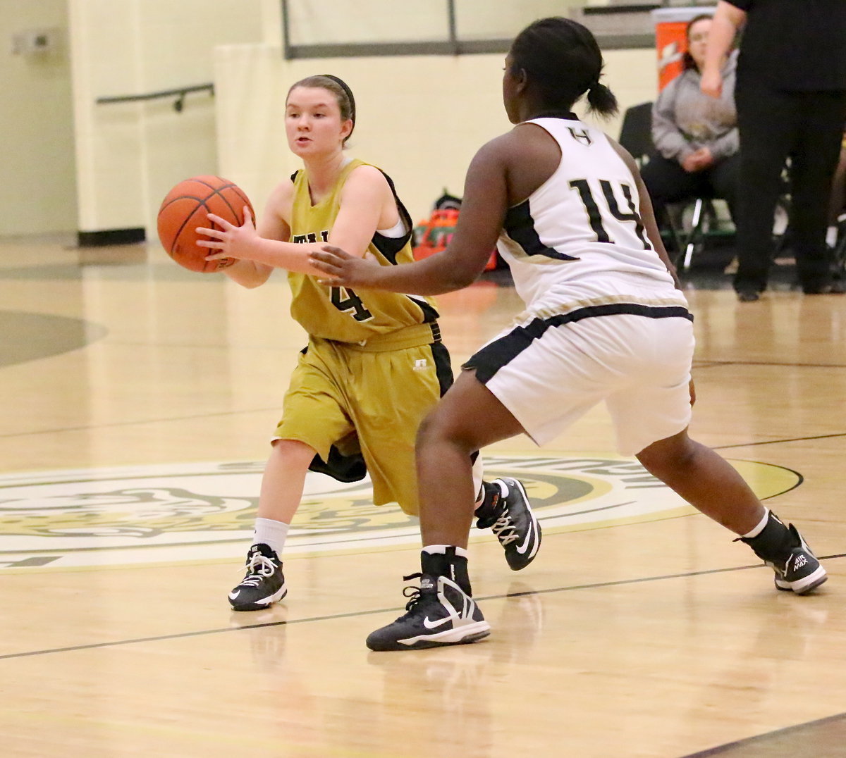 Image: Tara Wallis(4) passes the ball to start the Lady Gladiator offense. Wallis was selected to the all-tournament team after three consecutive games of giving it her all.