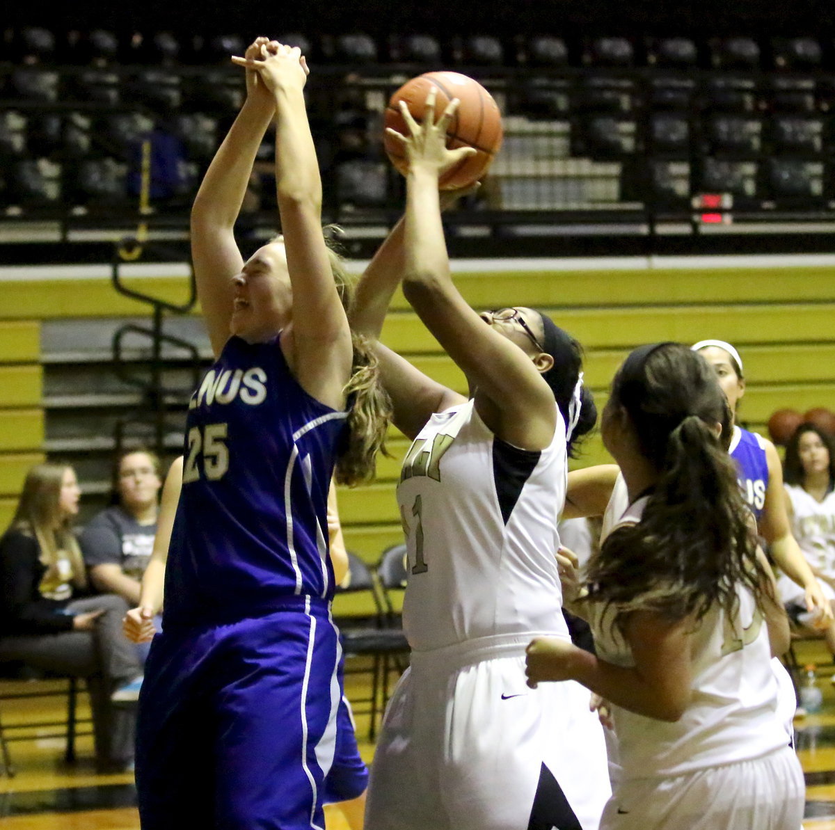 Image: “Miss O,” Oleshia Anderson(11) tears way an offensive rebound from the clutches of a Venus player and then put up a shot.