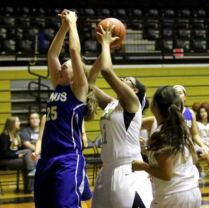 Image: “Miss O,” Oleshia Anderson(11) tears way an offensive rebound from the clutches of a Venus player and then put up a shot.