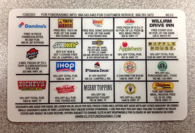Image: The back of the Gladiator discount card shows 19 different locations that accept the card. Deals range from free pizza’s to discounted purchases. The price of the card is $10.00 but can quickly pay for itself!