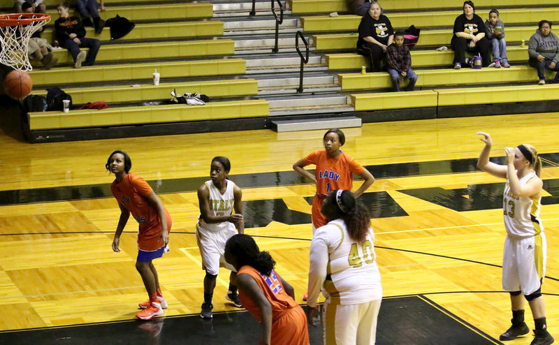 Image: Jaclynn Lewis(13) scores 6-of her 8-points in the first-half and put in 4-out of-5 free ones overall.