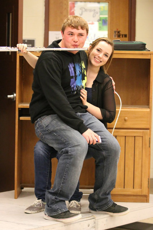 Image: Trevor Davis, pretends to be, Sarah Levy, who was recently selected to the ATSSB All-State Band as a freshman member of the Gladiator Regiment Band.