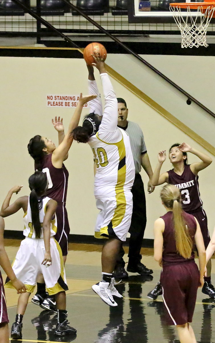 Image: Lady Gladiator, Cory Chance(40) out skies the SkyHawks for a rebound.