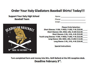 Image: This order form is available at the front reception desk inside Italy High School. Order deadline is February 3. Thank you all for supporting Italy Baseball and our athletic programs as a whole!