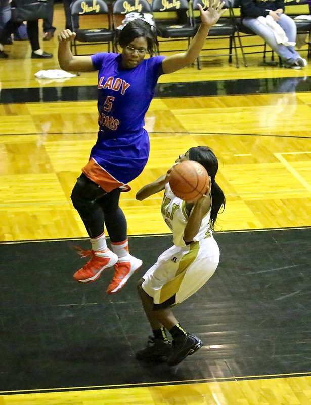 Image: Kendra Copeland(10) pump fakes a Lady Gator before scoring the bucket.