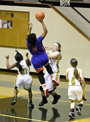 Image: Italy’s, Jaclynn Lewis(13) absorbs the contact while trying to stop a breakaway Lady Gator.