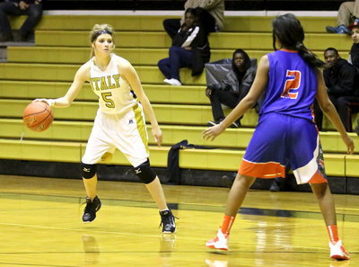 Image: Lady Gladiator, Halee Turner(5) shows her versatility by handling the ball.