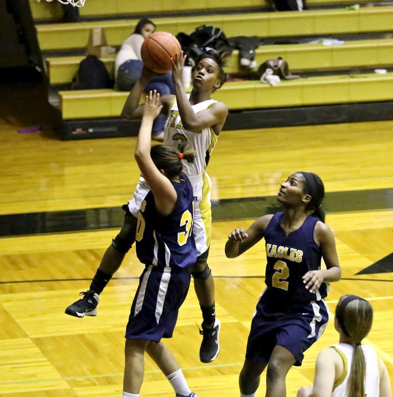 Image: Lady Gladiator, Kortnei Johnson(3) is bumped on her way to hoop. Johnson finished the night with 18-points to lead all scores.