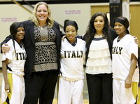 Image: Senior Lady Gladiators, Kendra Copeland, Ryisha Copeland and Bernice Hailey pose with head coach Melissa Fullmer and assistant coach Tina Richards.