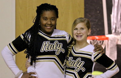 Image: Supporting Italy during senior night are Junior High Cheerleaders Jada Jackson and Karson Holley.