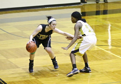 Image: A Triple A point guard gets away with a shove as Lady Gladiator K’Breona Davis(12) hounds the Lady Stallion.