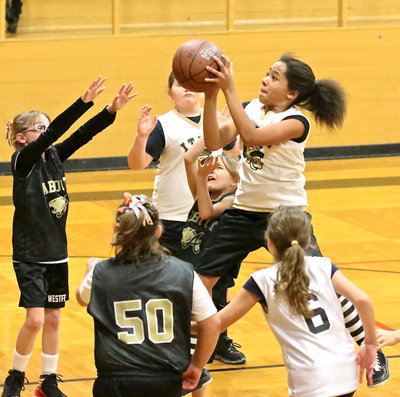Image: IYAA’s Da’Naisia McCowan(3) scores two of her 8-points against Abbott during the 3rd/4th grade girls matchup.