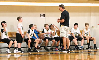 Image: IYAA 5th/6th grade boys head coach Charles Hyles chats with his team during halftime.