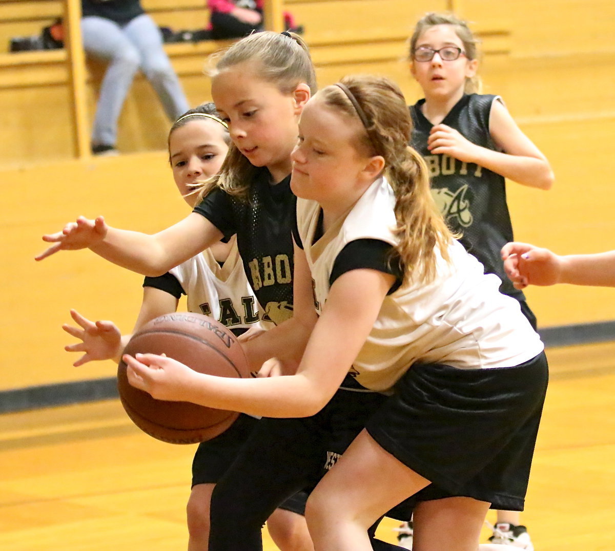 Image: IYAA’s Mikayla Venable(8) and Sadie Hinz(5) scrap for a loose ball.