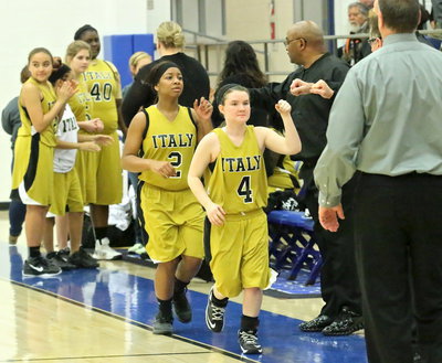 Image: Lady Gladiators Tara Wallis(4) and Bernice Hailey(2) are introduced before the bi-district matchup with Era.