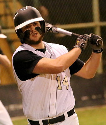 Image: Kyle Fortenberry(14) returns to the plate after hitting a double against earlier in the game.