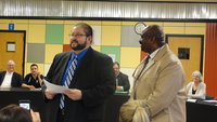 Image: Jaime Velasco introduces Anthony Price, his superintendent at Rosebud-Lott, who came to the meeting to see Velasco named Italy ISD superintendent.
