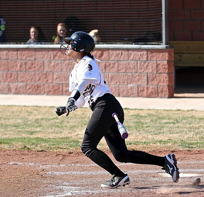 Image: Freshman lead-off batter April Lusk(16) gets the rout started against Jewitt-Leon.