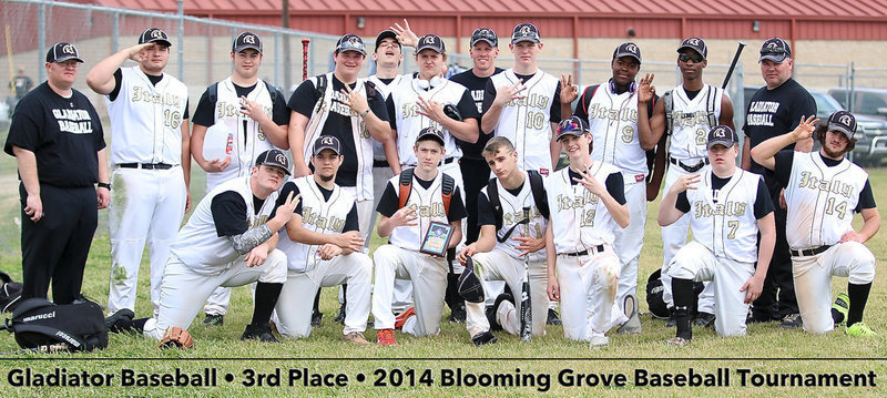 Image: The Italy Gladiators get their first win of the season to earn a 3rd place plaque during the 2014 Blooming Grove Baseball Tournament. Back row (L-R): Assistant coach Brandon Ganske, Kevin Roldan, Zain Byers, John Byers, Ryan Connor, Bailey Walton, Head Coach Jon Cady, Cody Boyd, Kenneth Norwood, Jr., Eric Carson and Assistant Coach Jackie Cate. Front row (L-R): Tyler Vencill, Tyler Anderson, Clayton Miller, Levi McBride, Ty Windham, John Escamilla and Kyle Fortenberry.