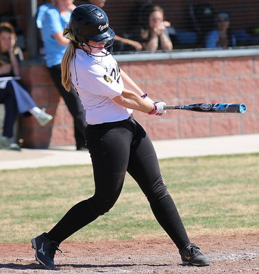 Image: Jaclynn Lewis(15) connects on an inside pitch.