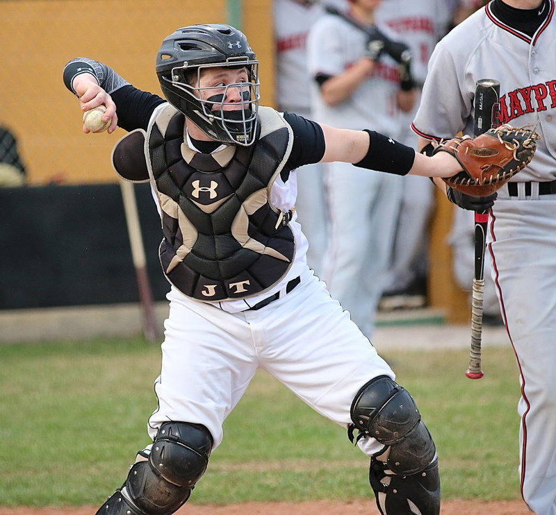 Image: Gladiator catcher John “J.T.” Escamilla throws out a Panther trying to steal second-base.