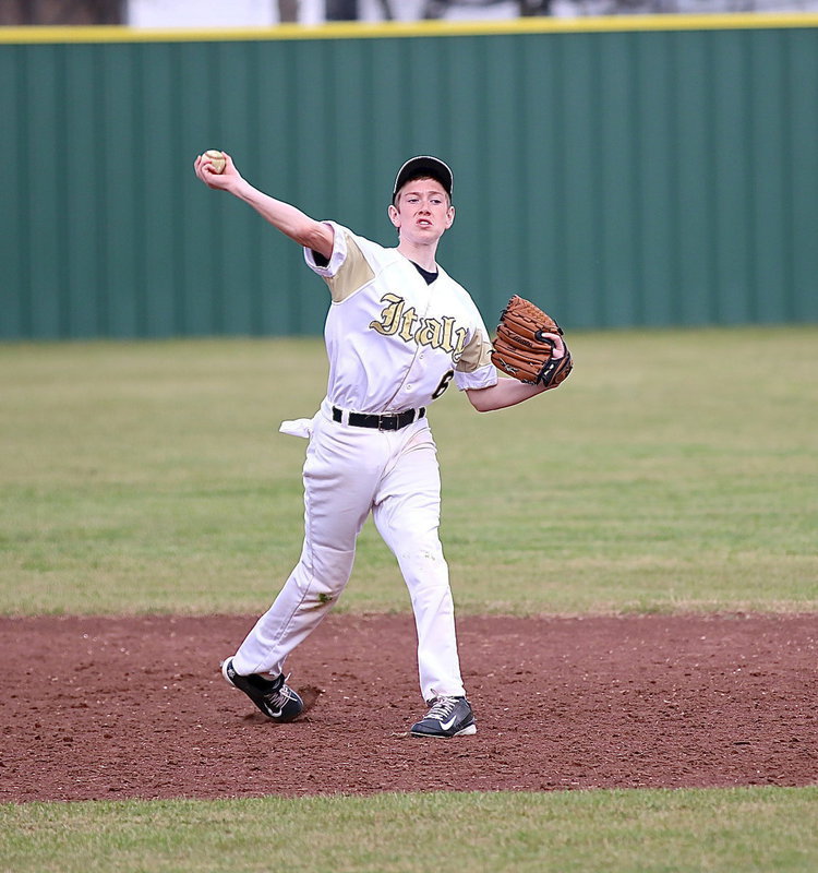 Image: JV Gladiator shortstop Clayton Miller(6) flings the ball to first-base.