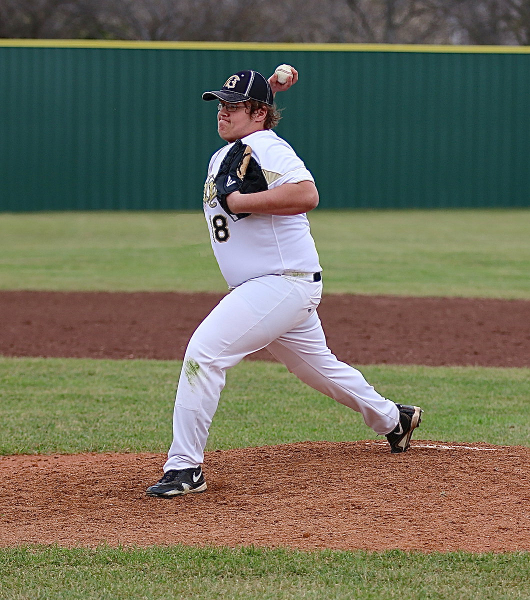 Image: JV Gladiator Colin Newman(18) takes the mound for the first time and strikes-out his first and only batter of the game.