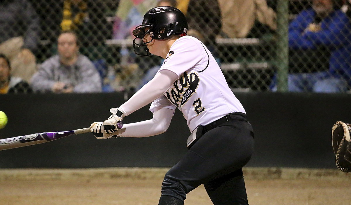 Image: Madison Washington(2) hammers a pitch back toward the Panther defense.