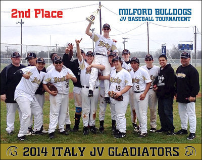 Image: How do you guys really feel?!?!? Hunter Ballard(1) is hoisted high by his JV Gladiator teammates while holding the the Italy JV Gladiator Baseball Team’s 2nd place trophy.