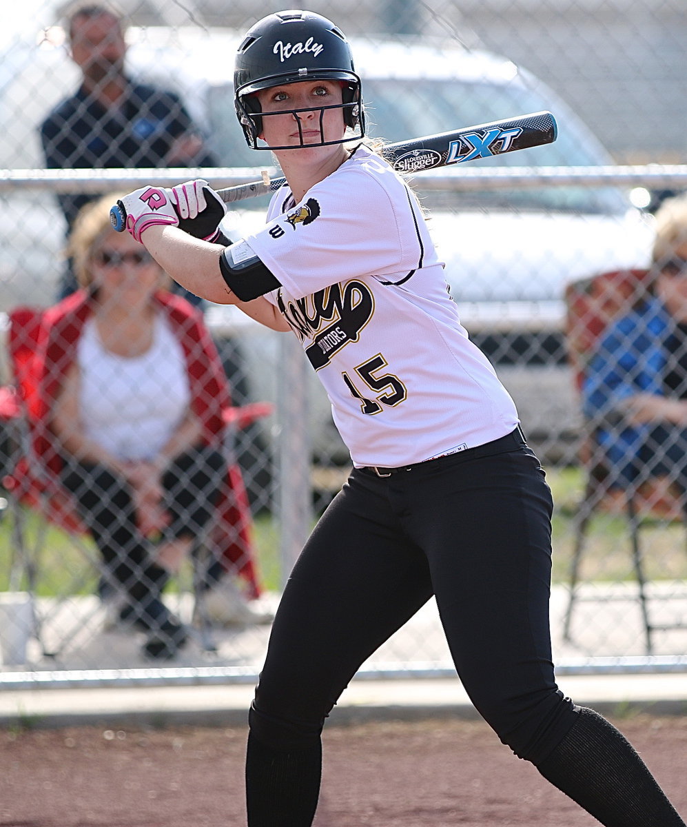 Image: Jaclynn Lewis(15) manages to lay off a high pitch in order to earn a walk to first-base. She really wanted to swing though.