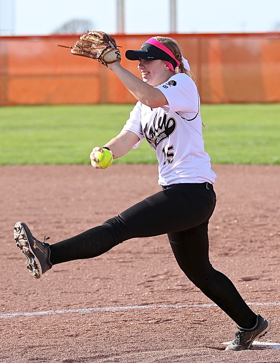 Image: Junior pitcher Jaclynn Lewis(15) is enjoying being back in her circle and helps the Lady Gladiators secure their first district win, 20-1 over Avalon.