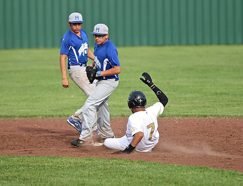 Image: Tristan Cotten(7) beats a Bulldog throw down to steal second-base.