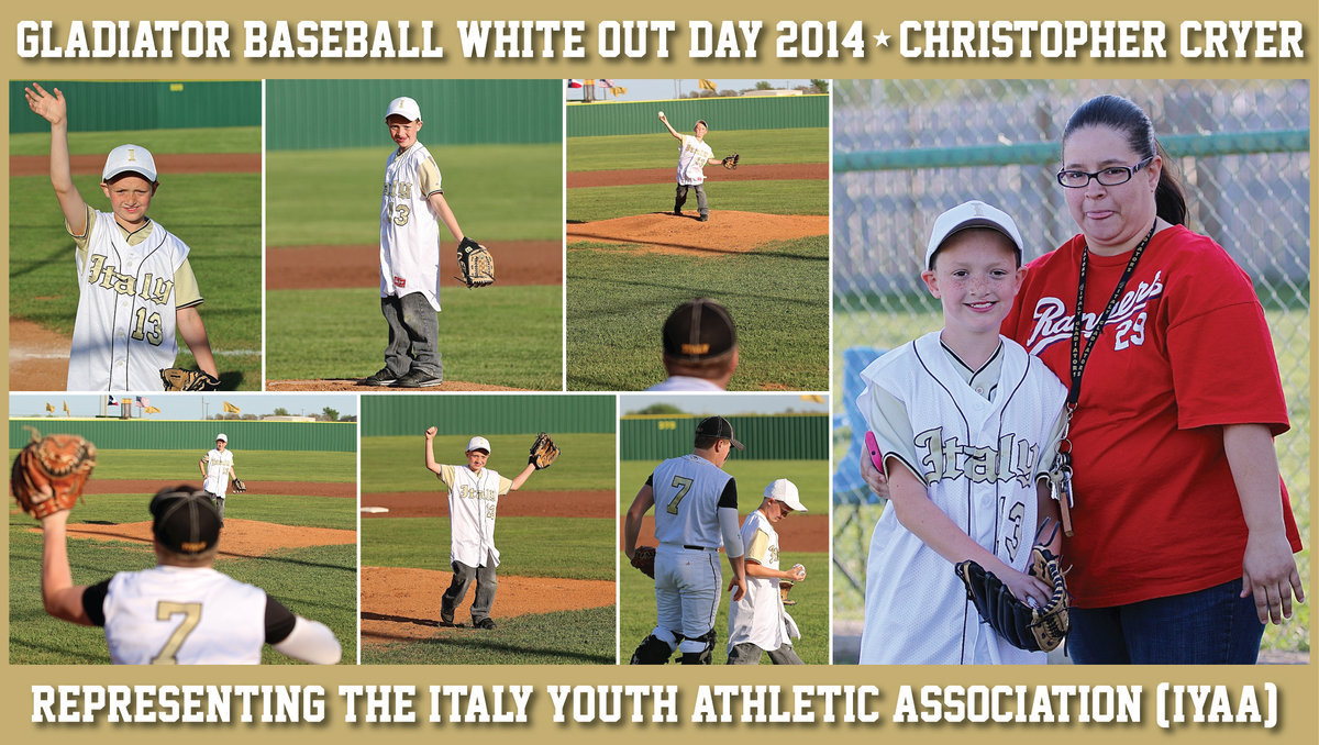 Image: Christopher Cryer(13) representing the Italy Youth Athletic Association, throws out the ceremonial first pitch to junior Gladiator catcher John Escamilla(7). Cristopher is also pictured with his proud mom, Jaime McMillon.