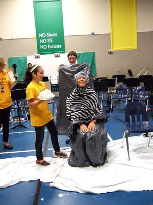 Image: Mrs. Aguado (pre-k teacher) was one of the teachers voted to get a pie in her face.