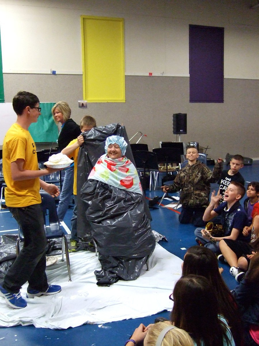 Image: Mrs. Dorazil (ppcd teacher) is still smiling awaiting her pie.